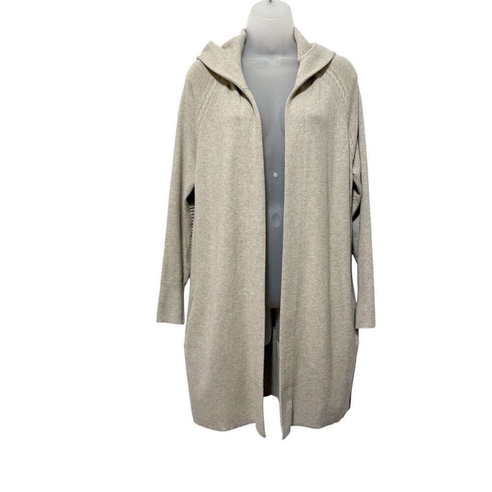 Chico’s Zenergy Hooded Open Front Tan Oatmeal Cardigan Pockets Sweater 0 Small